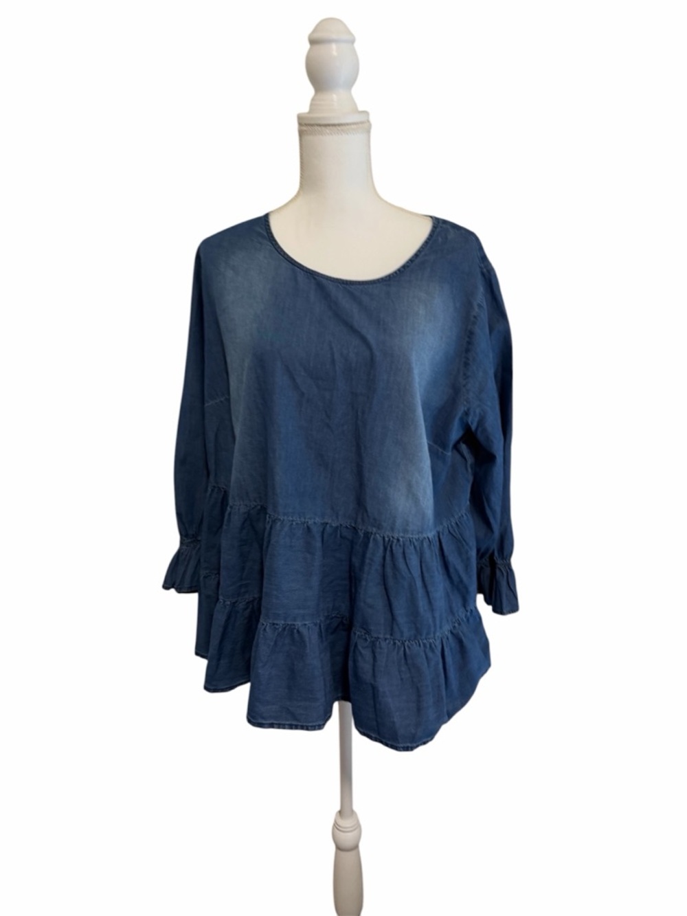 Tiered Denim-Blue Peasant Blouse - Relaxed Fit